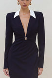 Black Sheath Deep V-Neck Long Sleeves Work Dress with Slit