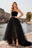Strapless Black A Line Tulle High-Low Prom Dress