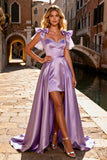 Light Purple Satin High Low A Line Prom Dress with Sequins