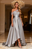 Grey A Line Satin High-Low Long Prom Dress with Beading