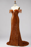 Bronze Off the Shoulder Mermaid Sequins V-Neck Prom Dress with Sweep Train
