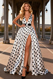 Polka Dot Black and White A Line V Neck Satin Long Prom Dress with Slit