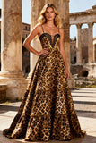 Khaki Leopard A Line Spaghetti Straps Long Prom Dress
