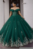 Off The Shoulder Dark Green Ball-Gown Corset Appliqued Quinceanera Dress