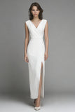 White Sheath V-Neck Long Engagement Dress with Slit