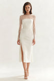 Ivory Round Neck Bodycon Midi Engagement Dress with Slit