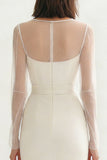 Ivory Round Neck Bodycon Midi Engagement Dress with Slit