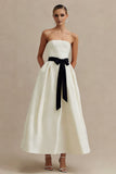 Ivory Strapless A Line Ankle Length Engagement Dress with Bow