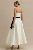 Ivory Strapless A Line Ankle Length Engagement Dress with Bow