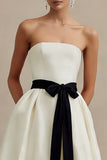 Ivory Strapless A Line Ankle Length Engagement Dress with Bow