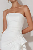 White Strapless Ruffled Bodycon High Low Engagement Dress