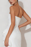 White Strapless Ruffled Bodycon High Low Engagement Dress