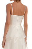 Ivory Spaghetti Straps A Line Ruffled Ankle Length Engagement Dress