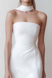 White Sheath Strapless Scarf Neck Long Engagement Dress with Slit