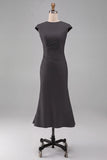 White Mermaid Round Neck Midi Formal Dress with Cap Sleeves