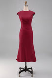 White Mermaid Round Neck Midi Formal Dress with Cap Sleeves