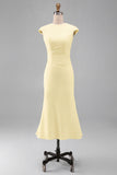 White Mermaid Round Neck Midi Formal Dress with Cap Sleeves