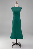 White Mermaid Round Neck Midi Formal Dress with Cap Sleeves