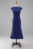 White Mermaid Round Neck Midi Formal Dress with Cap Sleeves