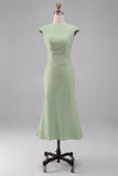 White Mermaid Round Neck Midi Formal Dress with Cap Sleeves