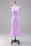 White Mermaid Round Neck Midi Formal Dress with Cap Sleeves