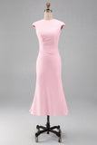 White Mermaid Round Neck Midi Formal Dress with Cap Sleeves