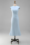 White Mermaid Round Neck Midi Formal Dress with Cap Sleeves