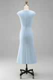 White Mermaid Round Neck Midi Formal Dress with Cap Sleeves