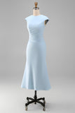 White Mermaid Round Neck Midi Formal Dress with Cap Sleeves