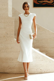 White Mermaid Round Neck Midi Formal Dress with Cap Sleeves