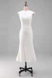 White Mermaid Round Neck Midi Formal Dress with Cap Sleeves