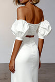 White Cut Out Satin Off the Shoulder Long Engagement Dress
