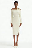 Ivory One Shoulder Sheath Long Sleeves Engagement Dress with Slit