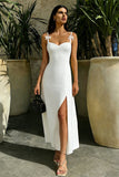 Simple White A-Line Spaghetti Straps Engagement Dress with Slit