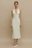 Halter Ivory Sheath Satin Midi Engagement Dress