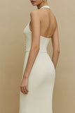 Halter Ivory Sheath Satin Midi Engagement Dress