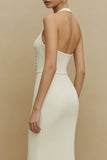 Halter Ivory Sheath Satin Midi Engagement Dress