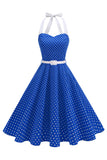 Halter Polka Dots Royal Blue A Line 1950s Dress