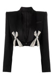 Black Velevt Shawl Lapel Women Blazer with Bow