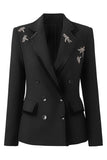Black Beaded Embroidered Double Breasted Notched Lapel Blazer