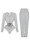 Silver Long Sleeves 2 Piece Swimsuit with Beach Dress