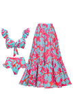3 Piece Blue and Fuchsia Printed Swimwear with Cover Up Skirt