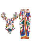 Vintage Orange Blue Print 2 Piece Swimwear with Cover Up
