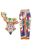 One Shoulder 2 Piece Orange Blue Print Swimwear with Cover Up Dress