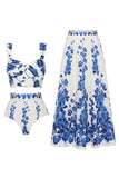 White Blue Floral 3 Piece Print Floral Swimwear Set with Beach Dress