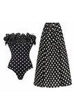 Black White Dots 2 Piece Strapless Ruffled Swimsuit with Cover Up Skirt