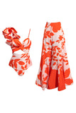 Orange Spaghetti Straps Ruffled 2 Piece Swimwear with Beach Dress