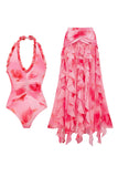 Halter Ruffled Hot Pink 2 Piece Swimsuit with Cover Up