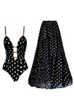 Black White Dots Spaghetti Straps 2 Piece Cut Out Swimsuit with Cover Up