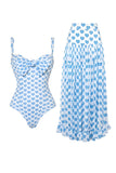 Blue Heart-Patterned 2 Piece Spaghetti Straps Swimsuit with Cover Up